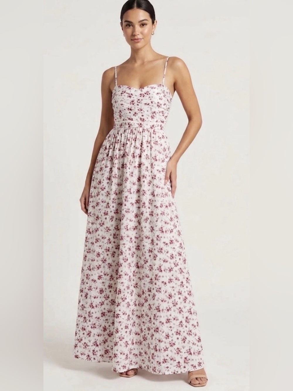 Francesca's Collections White and Pink Floral Maxi Dress with Spaghetti Straps